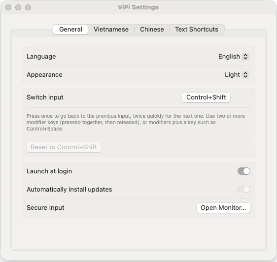 ViPi General settings: language, appearance and switching shortcut